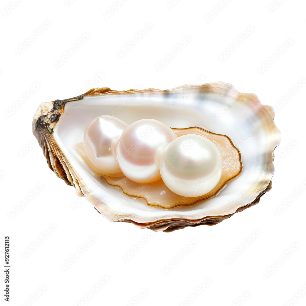 Three Luxurious Pearls Inside an Open Oyster Shell Displaying Beauty Three Luxurious Pearls Inside an Open Oyster Shell Displaying Beauty