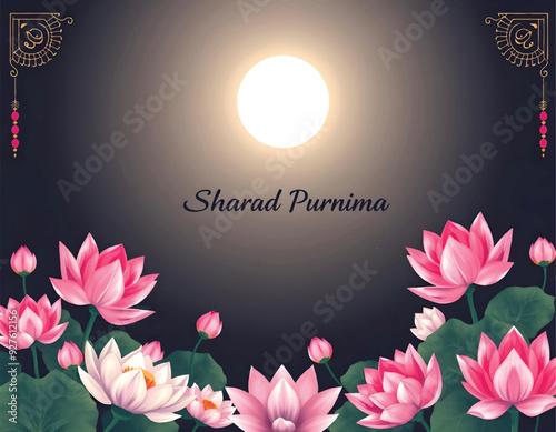 a vector banner of sharad purnima a full moon and lotus flowers with indian motifs in  background