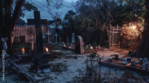 A yard setup with a haunted graveyard theme and spooky lighting. photo