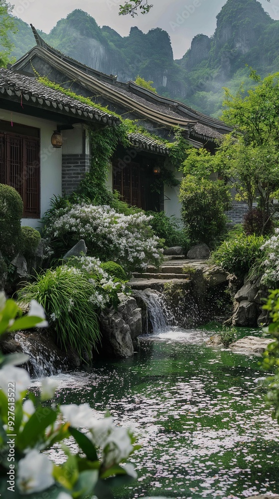 AI generator image of Country Resort style wooden house on the top of a mountain with a view of waterfalls and rocks, beautiful landscape AI generator image of Country Resort style wooden house on the top of a mountain with a view of waterfalls and rocks, beautiful landscape