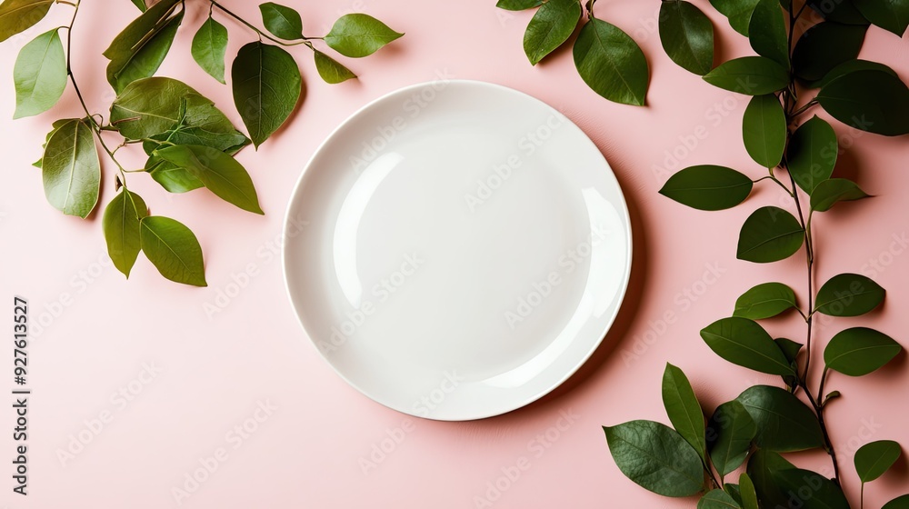 A crisp white plate sits on a soft pink surface, surrounded by green leaves, blending simplicity with natural beauty.