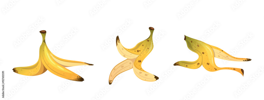 Three Different Banana Peels In Cartoon Style.. Vector Illustration Depicts Various Angle Views Of Banana Skins Lying