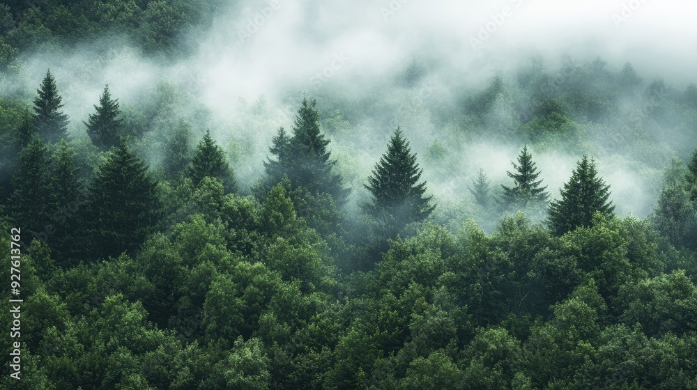 A dense forest of green trees shrouded in mist, creating an ethereal and tranquil scene with soft light filtering through the fog. A dense forest of green trees shrouded in mist, creating an ethereal and tranquil scene with soft light filtering through the fog.