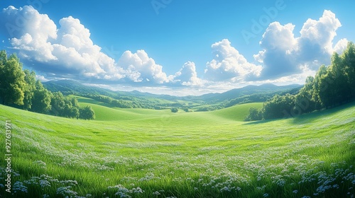 Beautiful green grass meadow landscape with a blue sky background