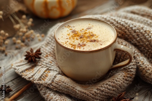 Warm Cozy Latte on a Knitted Blanket