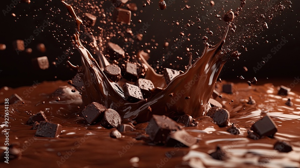 Fototapeta premium A dynamic splash of liquid chocolate with chocolate chips suspended mid-air, capturing the rich texture and indulgence.