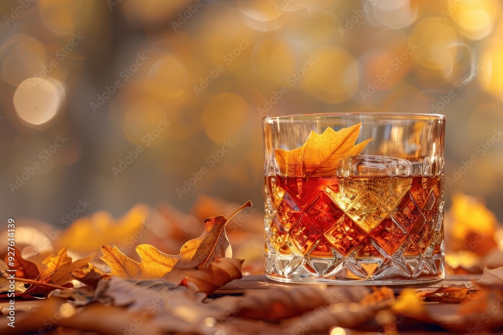 Autumnal Delight: A Glass of Whiskey with a Fall Leaf Autumnal Delight: A Glass of Whiskey with a Fall Leaf