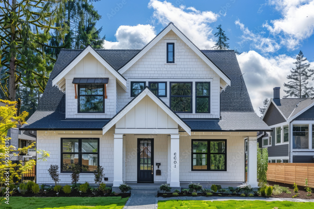 A white craftsman-style home with a black roof, large front porch, and gabled windows