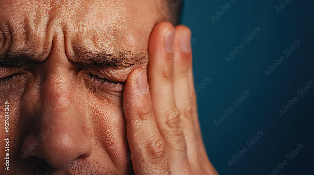 A man expresses pain with his hand on his face, showcasing emotions related to discomfort or distress against a dark background.