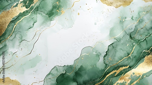 Abstract green and gold watercolor background with marble effect.
