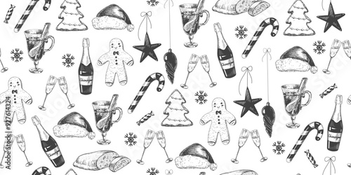 Christmas seamless pattern. Background with champagne bottle and flutes, Santa hat, Christmas balls, mulled wine, candy cane, stollen. Sketch style christmas food and decoration