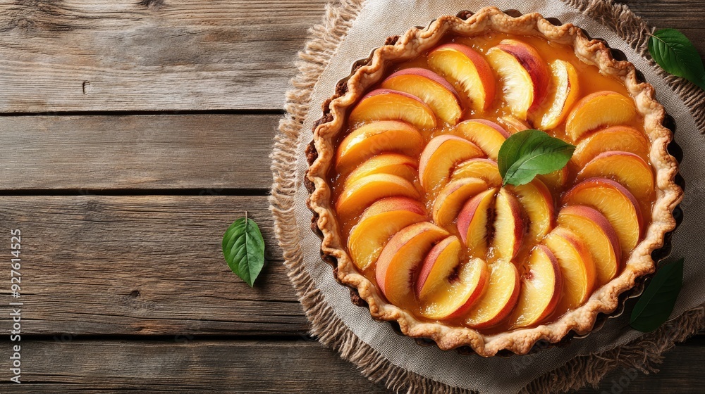 A freshly baked peach tart on a rustic table, showcasing its golden crust and juicy filling. A freshly baked peach tart on a rustic table, showcasing its golden crust and juicy filling.