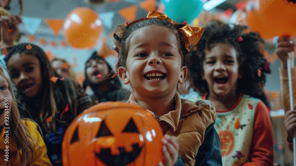 Children from various backgrounds enjoying a Halloween party with decorations. Children from various backgrounds enjoying a Halloween party with decorations.