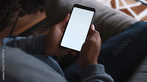 A young Black male holds a smartphone with a blank screen, sitting comfortably on a sofa. The warm tones of the setting create a relaxed atmosphere.