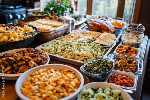 Variety of dishes on a buffet table including salads, meats, and side dishes for a festive meal photo