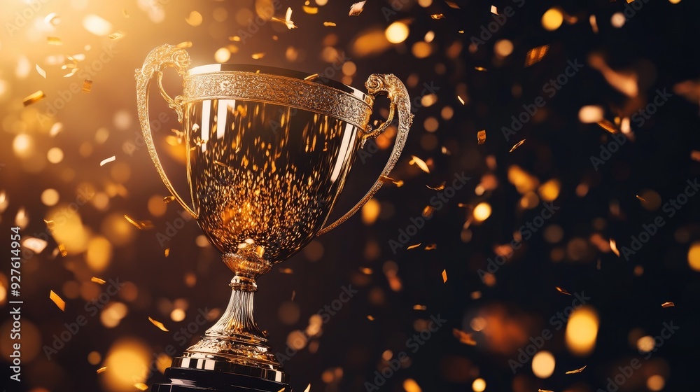 A gleaming trophy with golden confetti falling around it, symbolizing triumph and celebration. A gleaming trophy with golden confetti falling around it, symbolizing triumph and celebration.