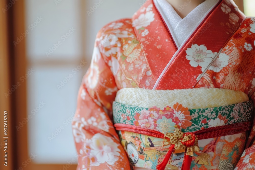 Close-up of ornate Japanese kimono with vibrant floral patterns and decorative obi Close-up of ornate Japanese kimono with vibrant floral patterns and decorative obi