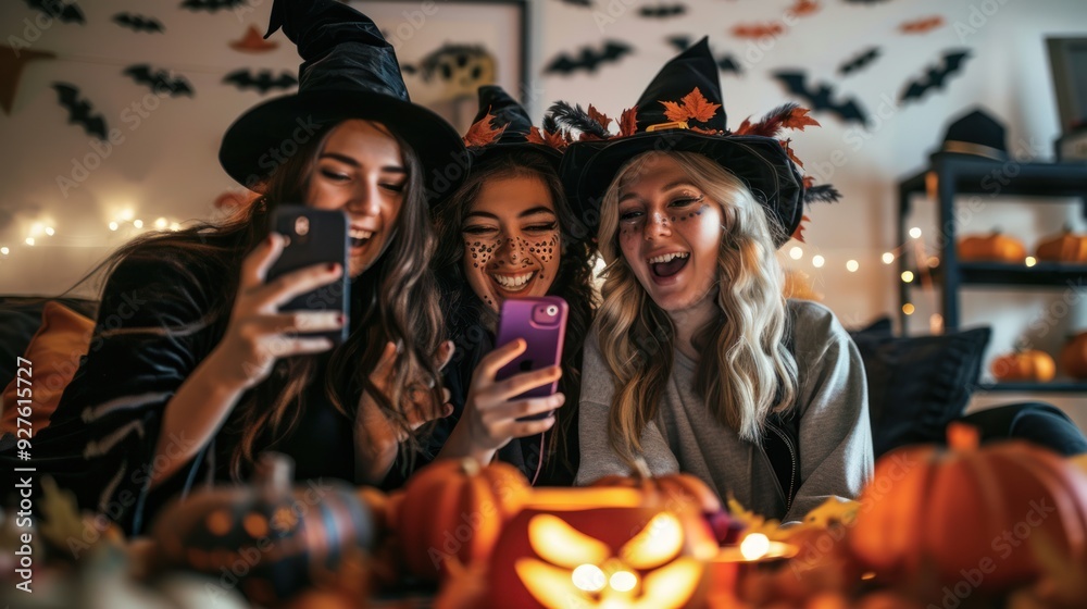 Friends in costumes having a Halloween video call with festive backgrounds.