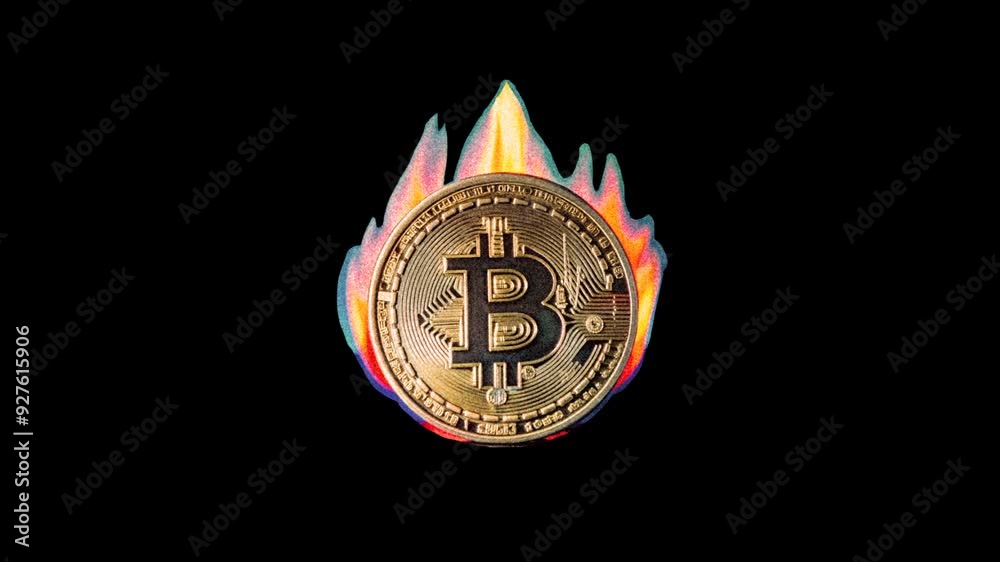 gold bitcoin coin burning on fire gold bitcoin coin burning on fire