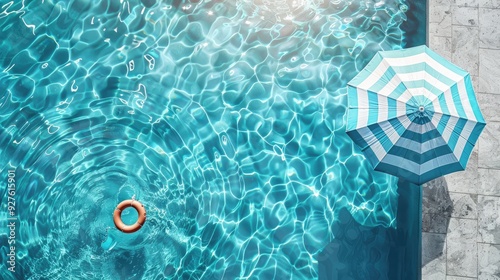 The poster shows blue water in a swimming pool with an umbrella and a swimming ring floating on the sea. The design combines swimming pool elements with outdoor recreation equipment