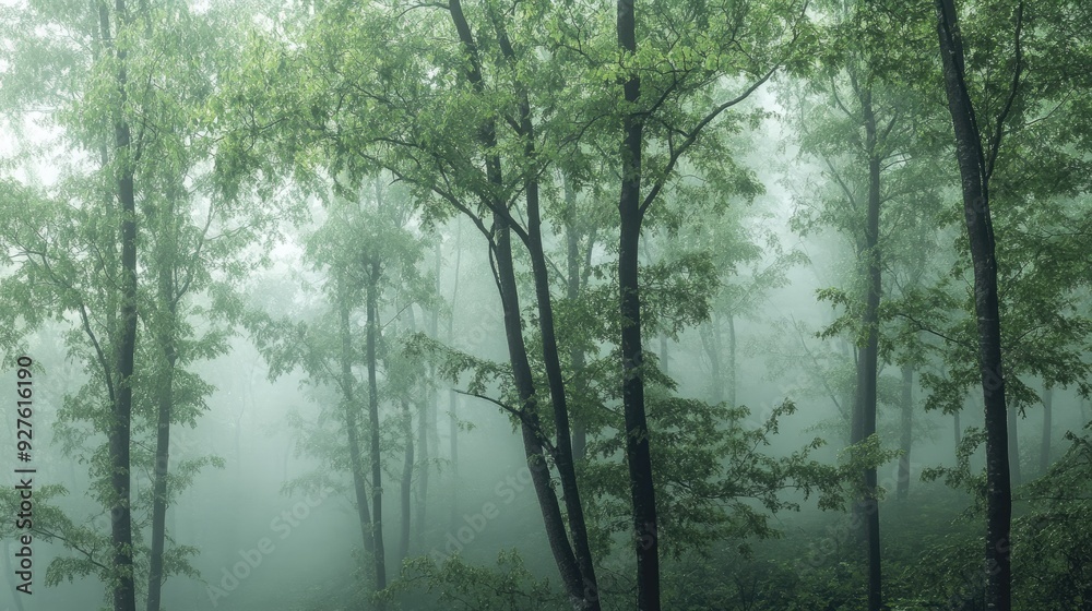 A misty forest with tall green trees, their leaves veiled by a light fog, evoking a peaceful and mysterious atmosphere. A misty forest with tall green trees, their leaves veiled by a light fog, evoking a peaceful and mysterious atmosphere.