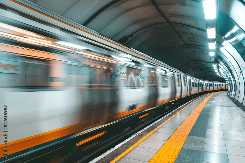 Blurred motion of train moving fast in underground tunnel, dynamic blur effect for subway concept Blurred motion of train moving fast in underground tunnel, dynamic blur effect for subway concept