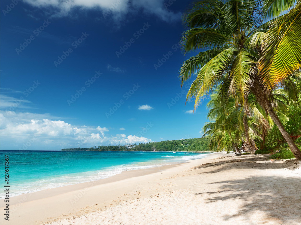Fototapeta premium A view of an empty tropical beach, palm trees