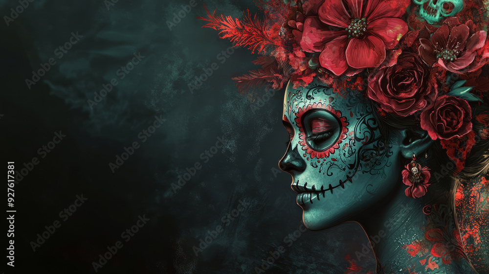 Profile of a woman with sugar skull makeup and a vibrant red floral headpiece against dark background with copy space. Day of the Dead (Día de los Muertos) themed digital artwork for design banner. Profile of a woman with sugar skull makeup and a vibrant red floral headpiece against dark background with copy space. Day of the Dead (Día de los Muertos) themed digital artwork for design banner.