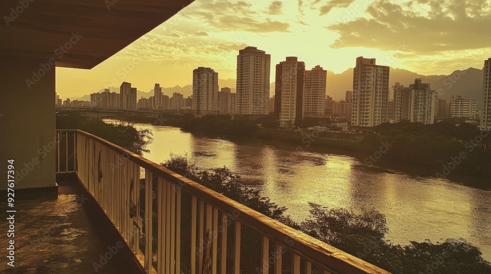 A panoramic city view with a river, seen from a balcony, combining urban beauty with natural serenity. A panoramic city view with a river, seen from a balcony, combining urban beauty with natural serenity.