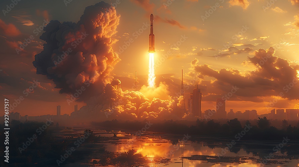 Fototapeta premium A rocket taking off with a massive trail of smoke, framed by a modern cityscape in the background, captured at dawn with soft light highlighting the rocket’s ascent,