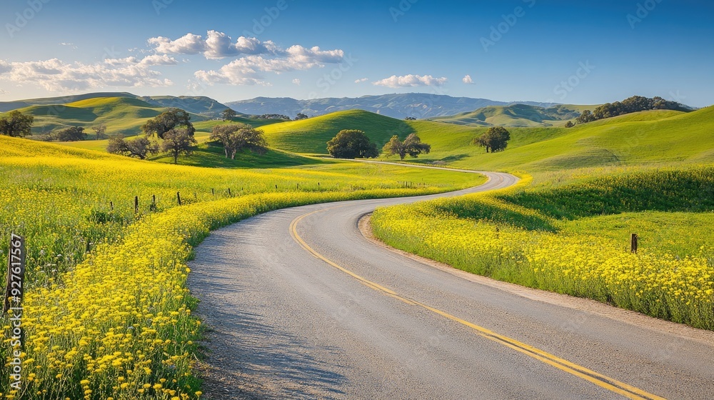 Naklejka premium A peaceful rural scene with a road curving through vibrant green fields and yellow wildflowers, set against a backdrop of blue sky and rolling hills.