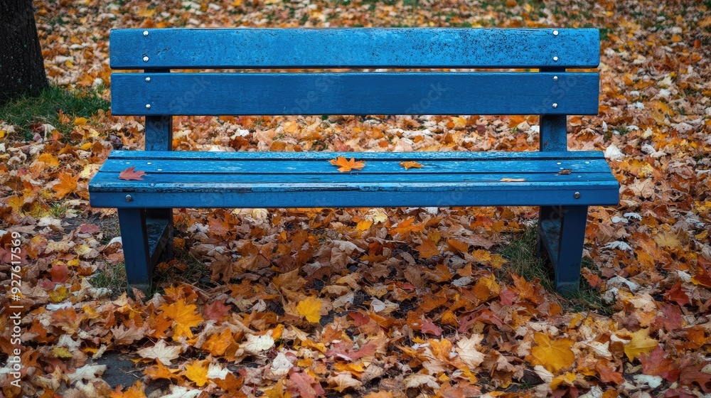 A park bench painted blue contrasts with the orange and yellow leaves scattered on the ground, highlighting the beauty of fall. A park bench painted blue contrasts with the orange and yellow leaves scattered on the ground, highlighting the beauty of fall.