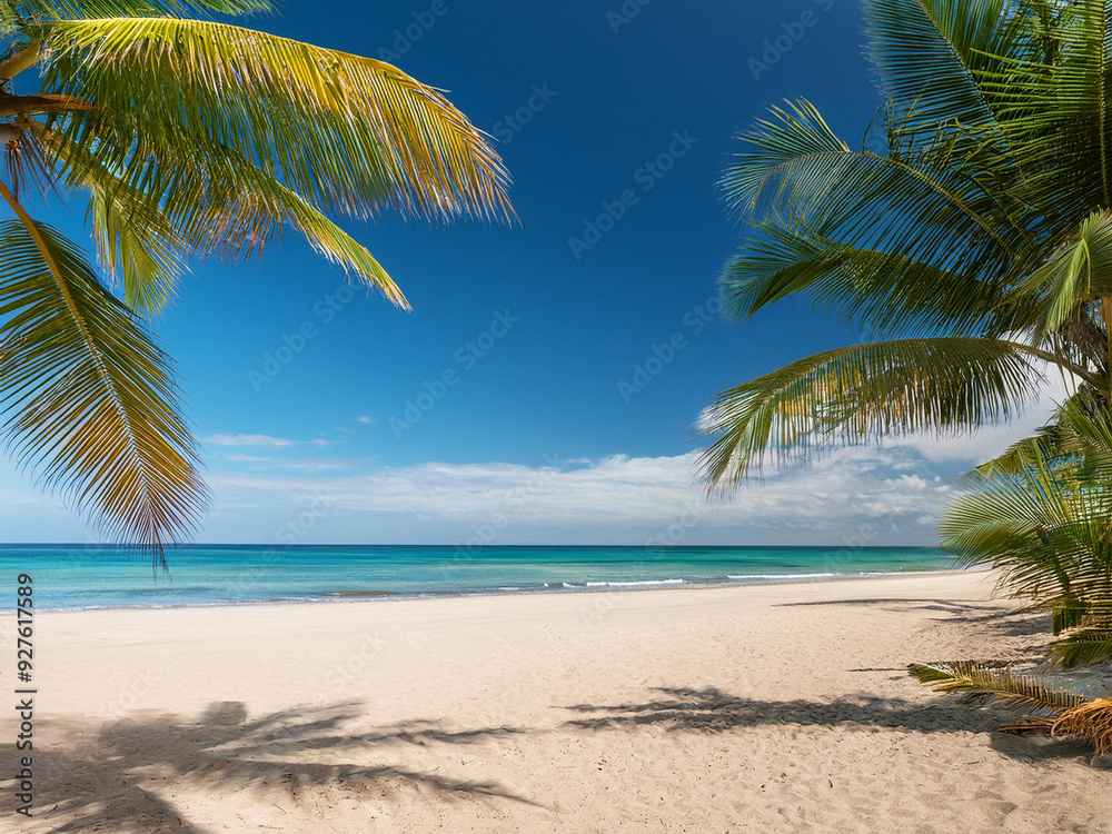A view of an empty tropical beach, palm trees A view of an empty tropical beach, palm trees