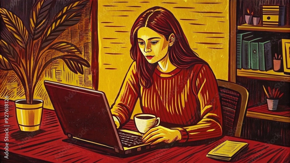 Art, young woman working from home, pastel, daylight, productive, laptop and coffee, vibrant colors, focused mood, detailed home office Art, young woman working from home, pastel, daylight, productive, laptop and coffee, vibrant colors, focused mood, detailed home office