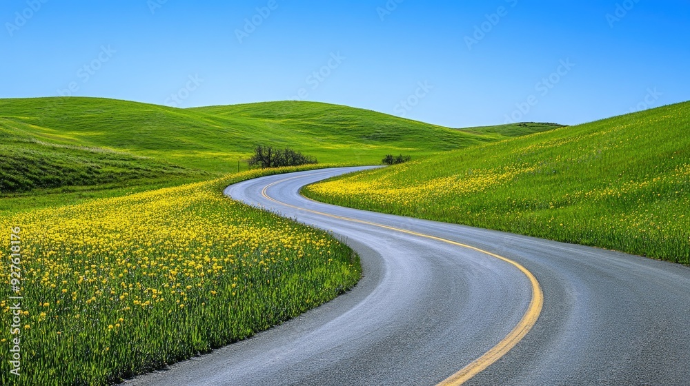 Fototapeta premium A picturesque winding road cutting through a lush green field dotted with yellow flowers, leading the eye into the distance under a clear blue sky.
