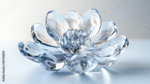 A centered crystal flower with a minimalist white backdrop, highlighting its clarity.