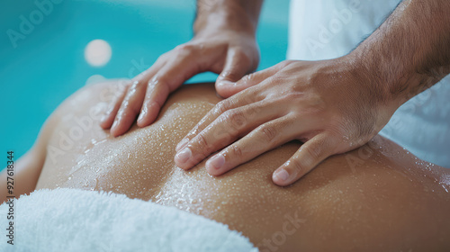 Wallpaper Mural Relaxing massage therapy session, showcasing skilled hands relieving tension on a wet back in a tranquil environment. Torontodigital.ca