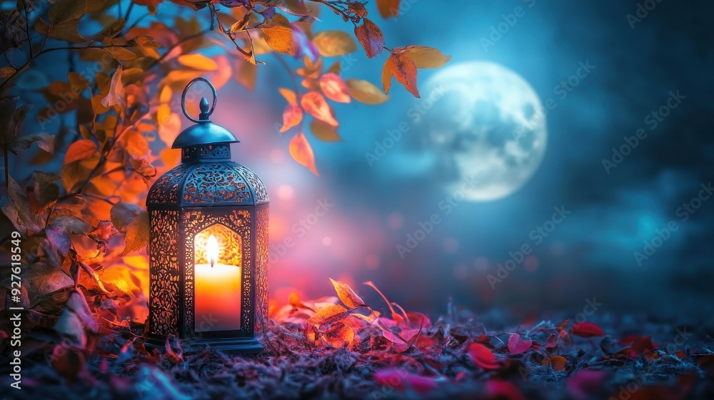 Glowing lantern with flowers during Ramadan celebration at night