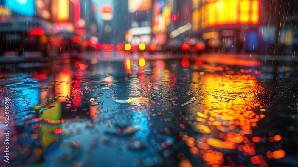 Obraz premium wet brick road city reflection , city lights reflected on wet road , night city street photo realistic , high resolution city street image