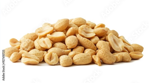 A pile of roasted peanuts, with one peanut noticeably missing, creating an inviting and tasty image.