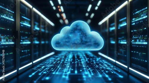Cloud computing technology concept with glowing cloud over server room virtualized data center.