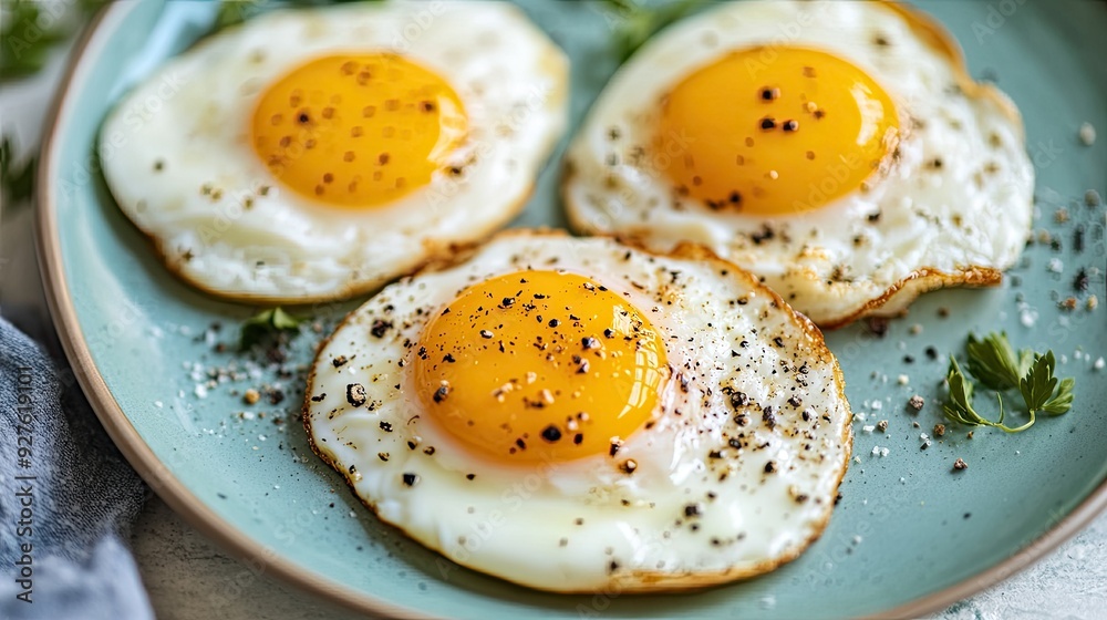 A plate of perfectly cooked eggs, sprinkled with pepper and salt, ready for a delicious breakfast. A plate of perfectly cooked eggs, sprinkled with pepper and salt, ready for a delicious breakfast.