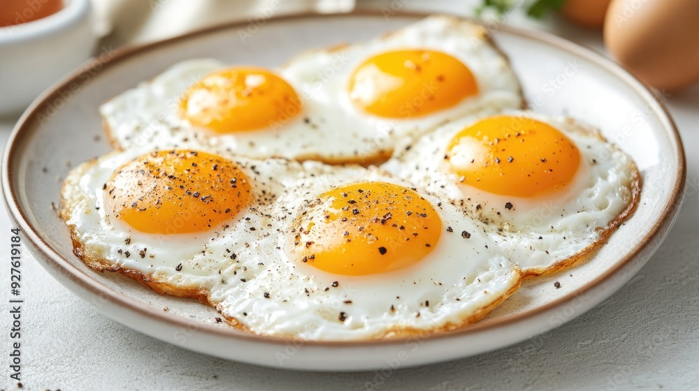 A plate of sunny-side-up eggs with a sprinkle of pepper and salt, served in a cozy breakfast setting. A plate of sunny-side-up eggs with a sprinkle of pepper and salt, served in a cozy breakfast setting.