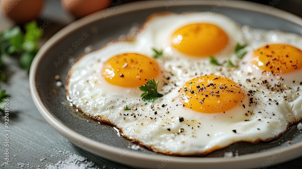 A plate of sunny-side-up eggs with a sprinkle of pepper and salt, served in a cozy breakfast setting. A plate of sunny-side-up eggs with a sprinkle of pepper and salt, served in a cozy breakfast setting.