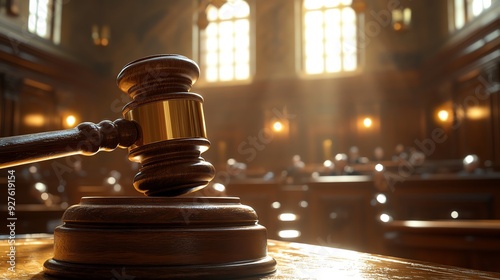 Judicial gavel in an empty courtroom with sunlight streaming through windows, symbolizing law, justice, and legal proceedings. photo