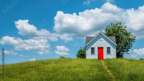 Wallpaper Mural A quaint small house with a bright red door, nestled on a grassy hillside, surrounded by nature, with blue sky and fluffy clouds overhead. Torontodigital.ca