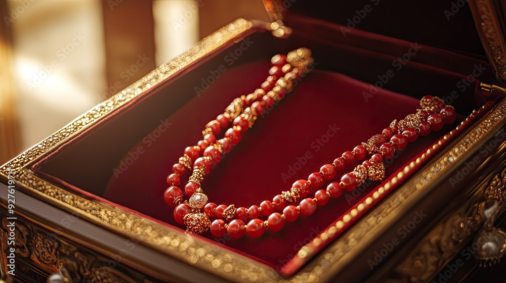 A red and gold necklace lies in a plush jewelry box, with soft lighting emphasizing its rich tones and fine craftsmanship. A red and gold necklace lies in a plush jewelry box, with soft lighting emphasizing its rich tones and fine craftsmanship.