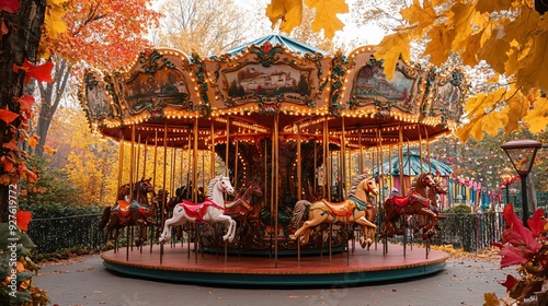 A whimsical autumn scene of a leaf-themed carousel with intricately designed leaf-shaped horses, surrounded by a vibrant display of fall foliage and festive decorations