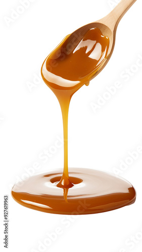 Smooth Caramel Drizzle Gliding from a Wooden Spoon onto Surface.