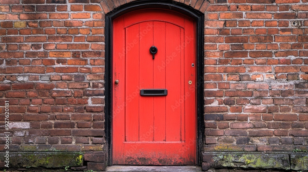 A red door with a simple black handle on a brick building, creating a vivid and classic architectural scene. A red door with a simple black handle on a brick building, creating a vivid and classic architectural scene.